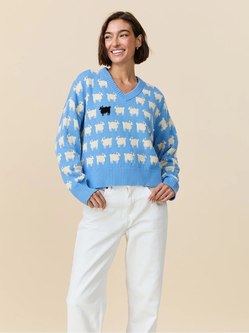 NWT Rowing Blazers Warm & Wonderful Diana Cotton Linen V-Neck Sheep Sweater Blue - Picture 2 of 10